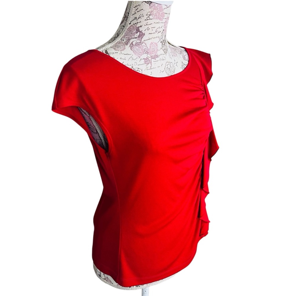 Lafayette 148 New York Red 100% Silk Ruched Ruffled Cap Sleeve Blouse M